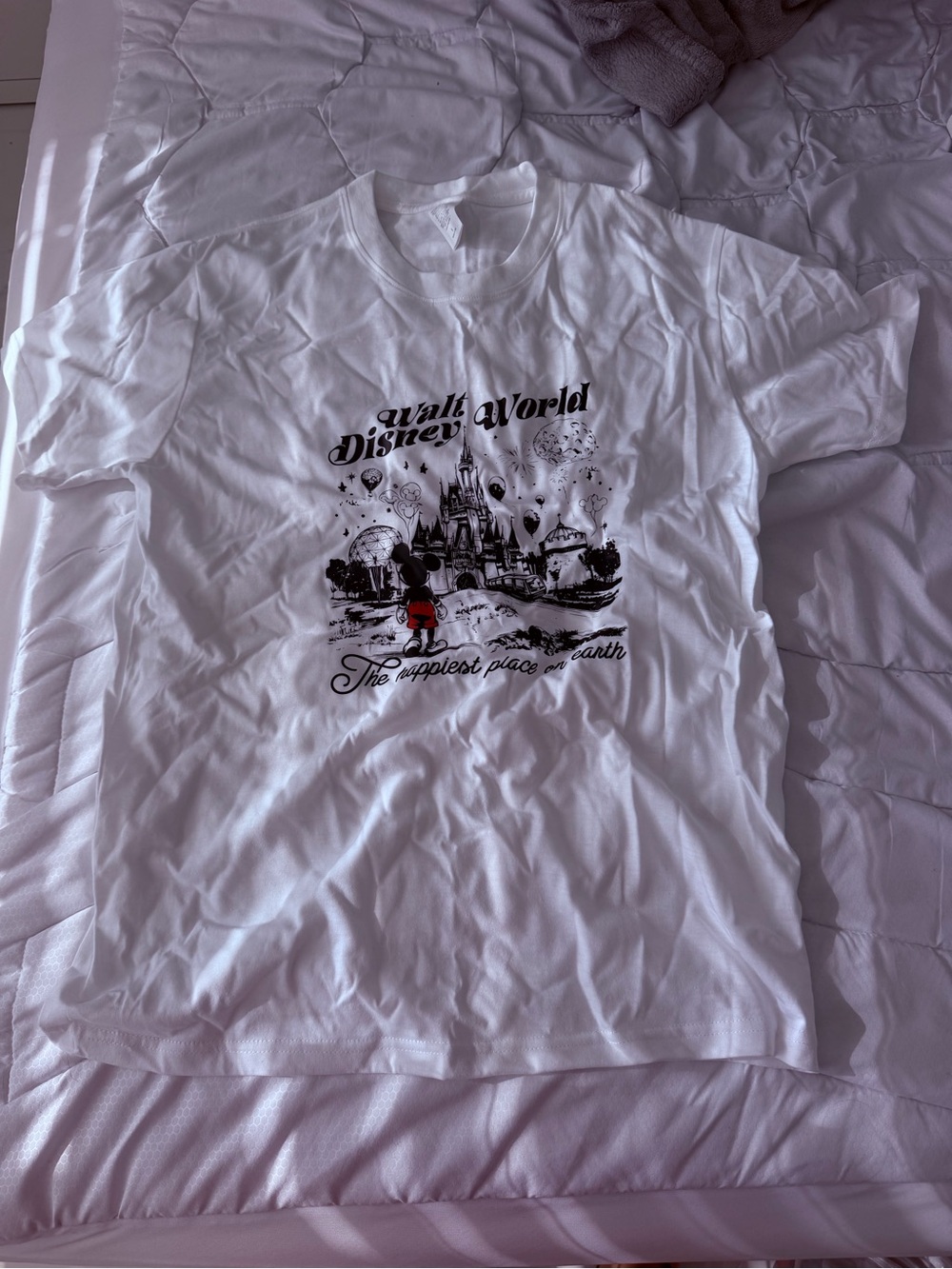 Disney White T-Shirt with Black Castle Graphic and Red Accent